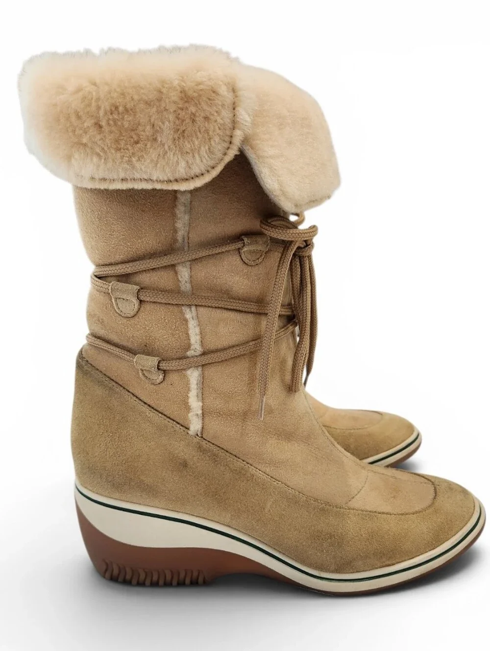 Via Spiga Tan Suede Shearling-Trim Wedge Rain Boots